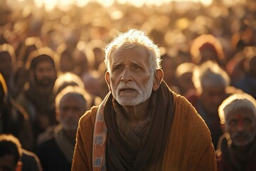 Obraz premium Elderly Man Standing Out in a Large Crowd
