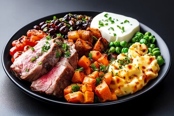 Hyper-realistic image of a blood type B diet plate, with every detail of the lamb, dairy, and vegetables captured perfectly to show a tailored meal.