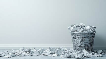 Overflowing trash bin with crumpled paper scattered on the floor
