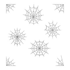 Zestaw pajęczych sieci. Straszne i zabawne sylwetki pajęczyn. Tradycyjne dekoracje na Halloween. Ilustracja wektorowa. © Monika