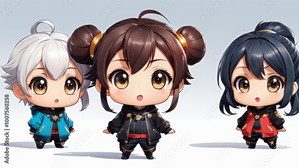 Aufkleber three chibi characters with large eyes and playful expressions in colorful outfits.