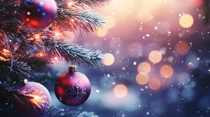 A Red Christmas Ornament with a Snowflake Design on a Snowy Pine Branch