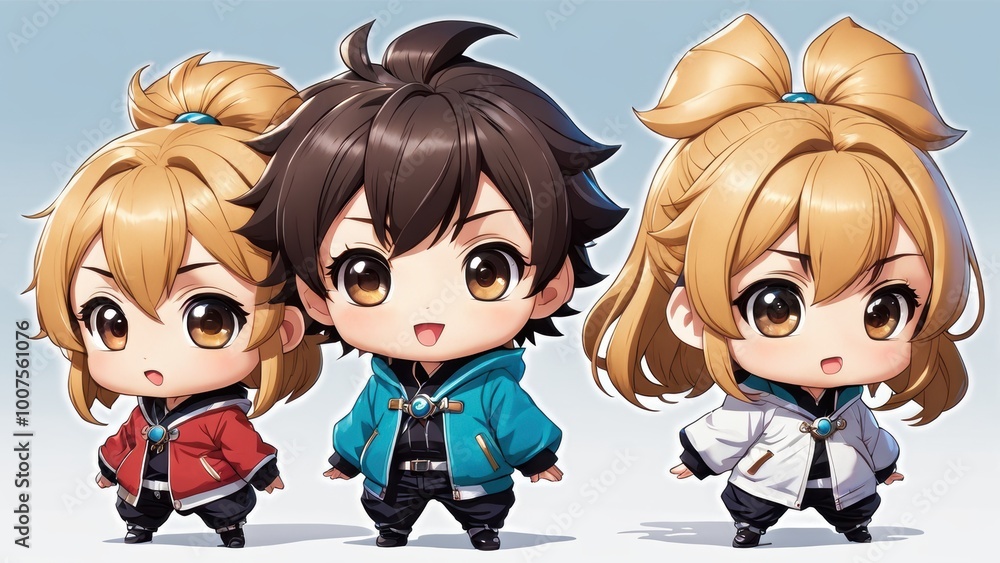 Aufkleber three chibi-style characters with playful expressions and colorful outfits.