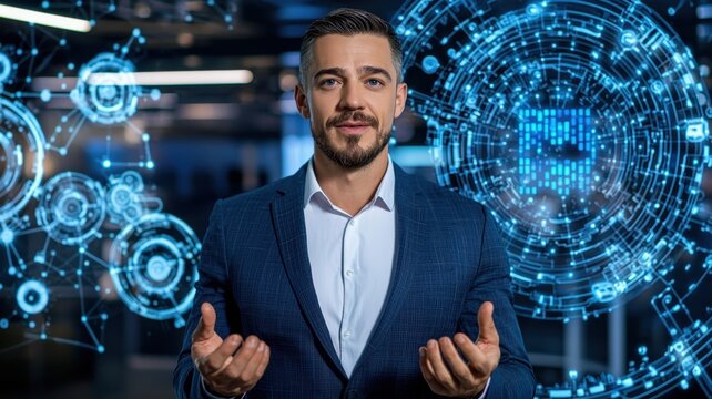 Future of Business Communication - CEO Presenting Holographic Blue Data Graphs in High-Tech Office