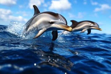 Hyper-realistic image of a pod of dolphins swimming in the ocean, with their smooth bodies cutting through the water, captured with vivid, lifelike detail.