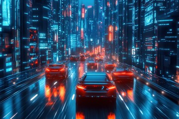 Fototapeta premium Futuristic Cars Navigating a Neon Cityscape at Night