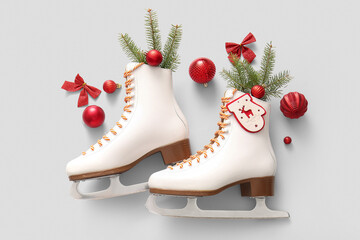Composition with ice skates and beautiful Christmas decorations on light background