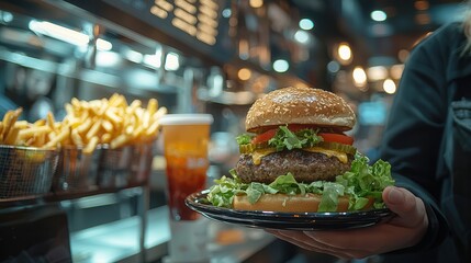 Delicious Burger with Fresh Ingredients and Fries