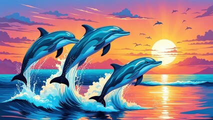 Three dolphins leap gracefully against a vibrant sunset over calm waters.