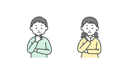 顔に手を当てて悩む少年少女の上半身イラスト
