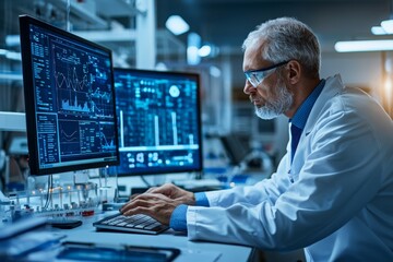 Fototapeta premium A scientist analyzing data on a computer, deep in thought, surrounded by scientific papers and complex charts in a modern laboratory
