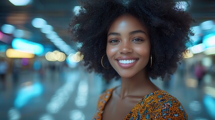 Obraz premium Joyful woman with curly hair in vibrant setting