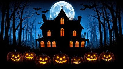 Fototapeta premium Spooky Halloween Haunted House Silhouette with Jack o Lanterns and Full Moon
