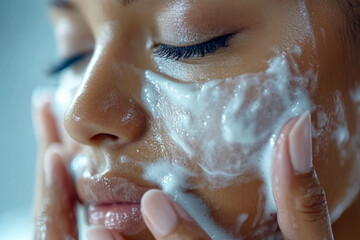 Naklejka premium A woman is washing her face with a white cream