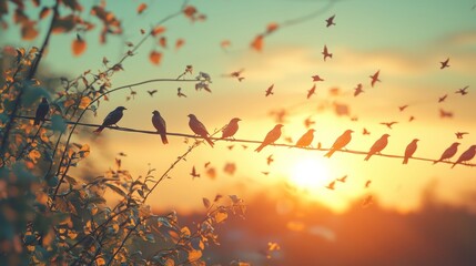 Birds sitting on a wire with sunset in the background