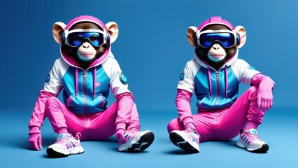 Two animated monkeys in colorful athletic outfits, posing playfully against a blue background.