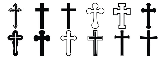 Fototapeta premium Cross silhouettes set, christian pack of vector silhouette design, isolated background