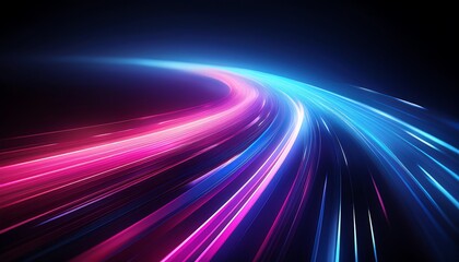A vibrant abstract image showcasing dynamic light trails in pink and blue against a dark background, creating a sense of motion and energy.