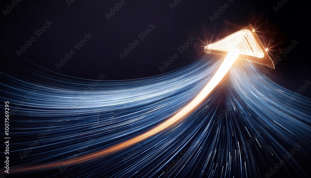 Poster a dynamic arrow illuminated with light trails, symbolizing progress and upward movement against a da