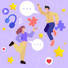 Digital entertainment and social media concept. A happy couple jumps with icons of music, video, and chat. Vector for an online community, user engagement, and creative teamwork.