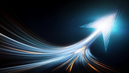 A dynamic light arrow positioned upward against a dark background, symbolizing progress, direction, and innovation.