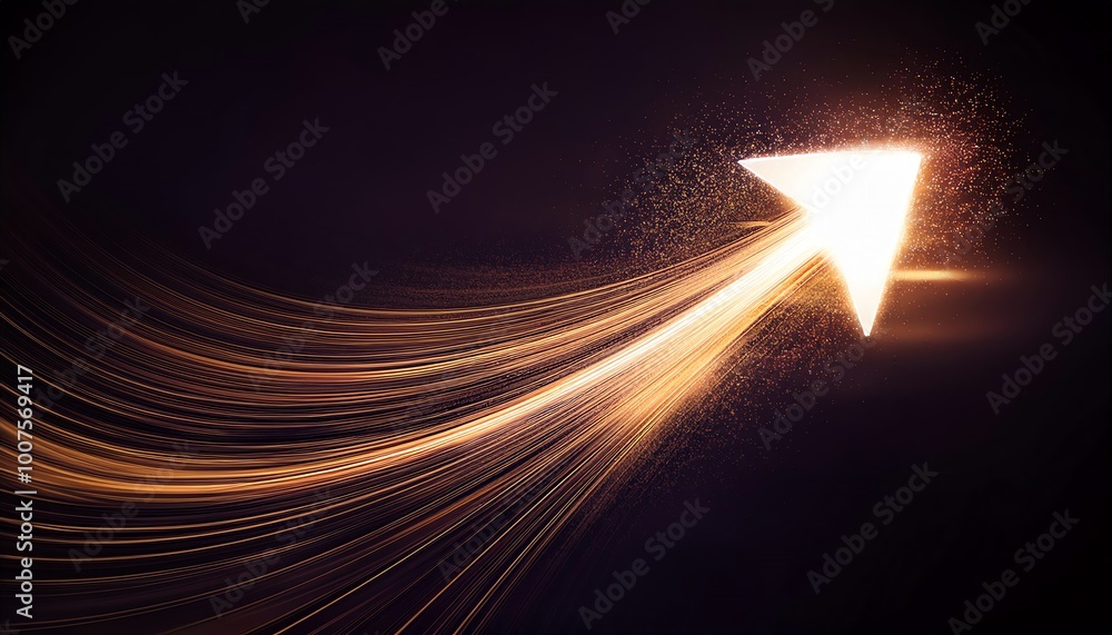 Poster a dynamic arrow made of sparkling light trails, moving forward against a dark backdrop, symbolizing 