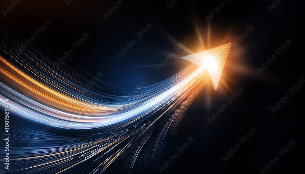 Poster a glowing arrow in motion, symbolizing speed and direction against a dark backdrop, evoking a sense 