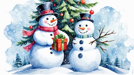 Fototapeta premium Two cheerful snowmen in winter attire, one holding a gift, set against a snowy backdrop.