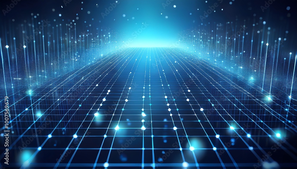 Poster a futuristic digital landscape with glowing points and lines, creating a sense of depth and movement