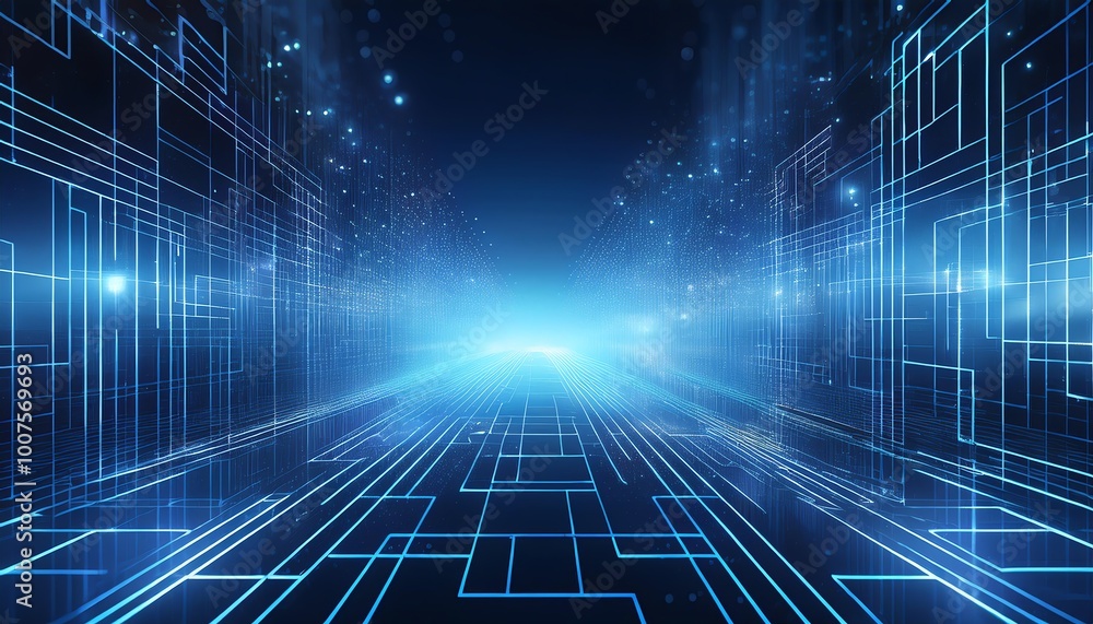 Poster a futuristic digital corridor glows with blue light and circuit-like patterns, creating a sense of d