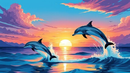 Two dolphins leap from the ocean at sunset, creating a vibrant, serene coastal scene.