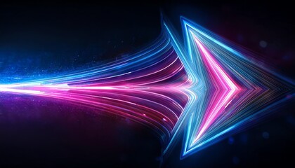 A vibrant, dynamic arrow glows with neon hues of pink and blue, conveying movement and energy against a dark background.