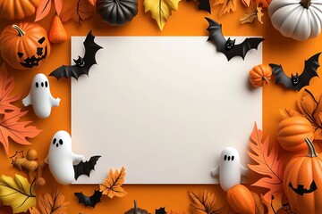 Minimalist Halloween party invitation design, with clean lines depicting spooky decorations like bats, pumpkins, and ghosts.