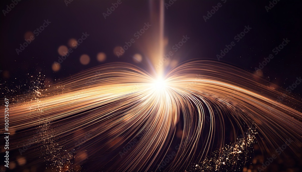 Poster a mesmerizing display of swirling golden light beams and particles, creating an ethereal atmosphere 