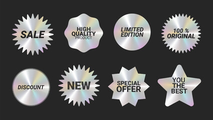 Holographic stickers logos emblem labels color set. Star circle is sparkling. For packaging product of promotional material. Sticker for clothes or accessories. Vector illustration.