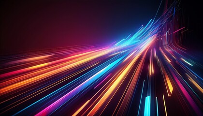 A vibrant display of dynamic, colorful light trails against a dark background, creating a sense of speed and motion.