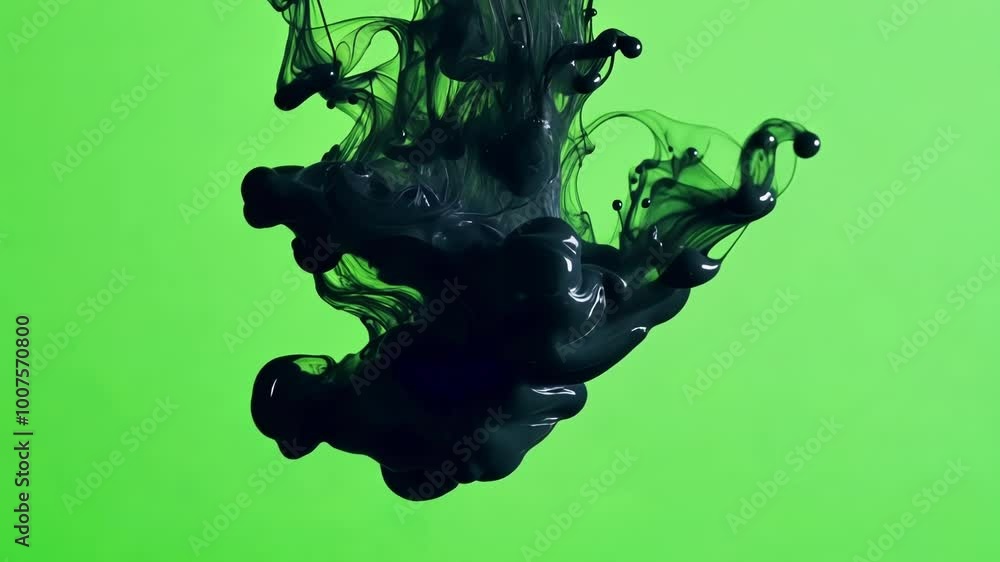 Poster graceful black ink spreads on vibrant green screen, creating mesmerizing visual effect for compositi