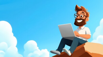 A smiling man sits on a rooftop with a laptop, enjoying the clear blue sky and puffy white clouds, symbolizing freedom and joy.