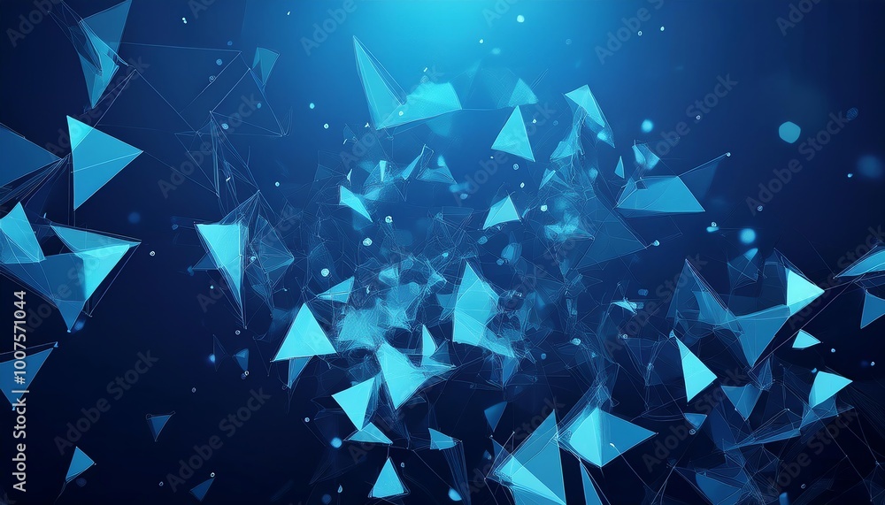 Poster a dynamic arrangement of blue abstract triangles set against a dark background, creating a sense of 