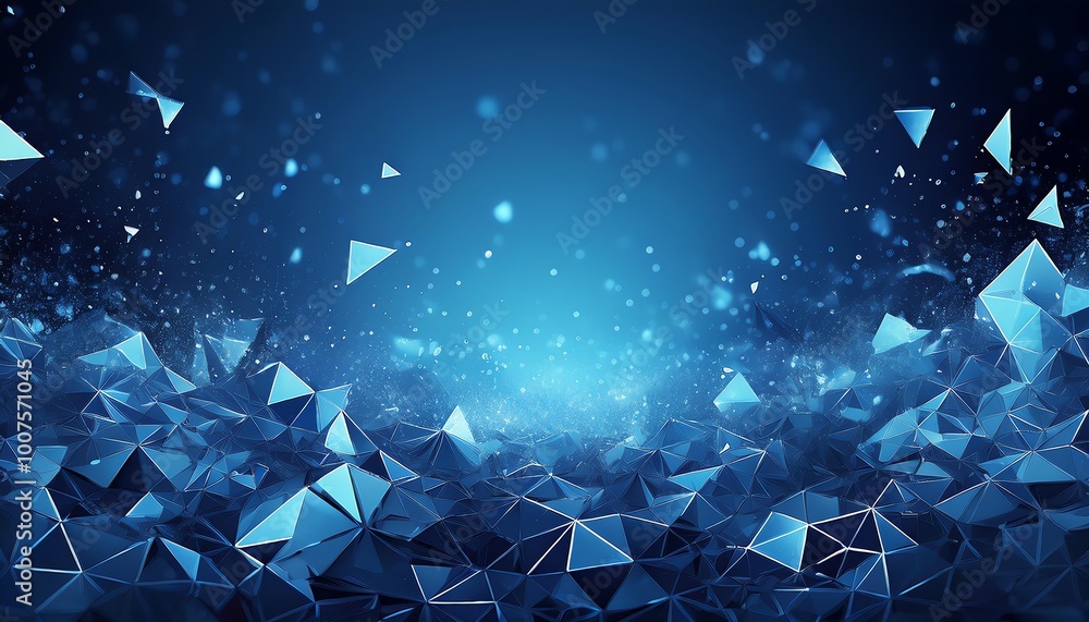 Poster abstract digital background featuring floating blue triangles and sparkles, creating a futuristic an