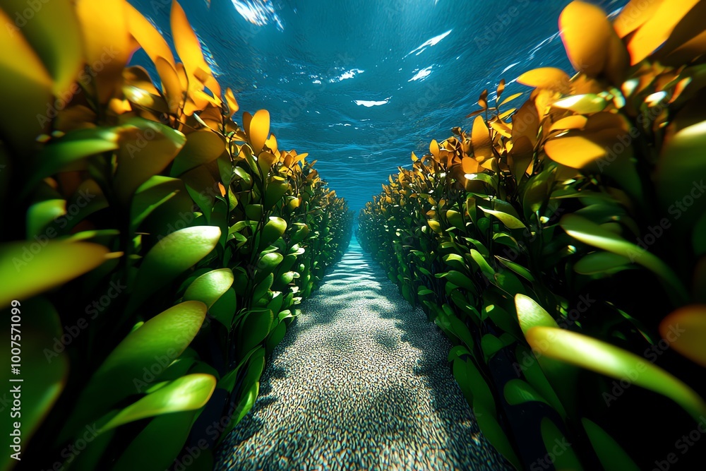 Poster interactive 3d digital model of a kelp forest, where users can explore the ocean floor, swimming thr