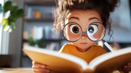 Illustration of a character with exaggerated eyes holding a magnifying glass, studying a large book closely, in a room filled with bookshelves and a potted plant.