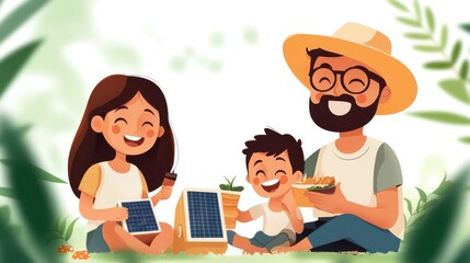 Happy family sitting outdoors, learning about solar energy with panels and plants, enjoying nature while smiling and bonding over sustainable technology.