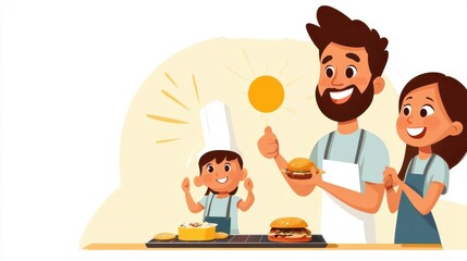 A cartoon father and two kids in chef hats are excitedly cooking and presenting burgers in a bright kitchen, highlighting family bonding over a shared culinary activity.
