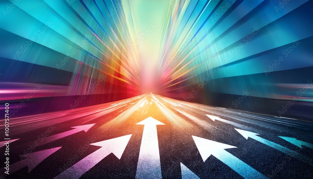 Poster a vibrant, dynamic image featuring arrows pointing forward, symbolizing direction, progress, and mov
