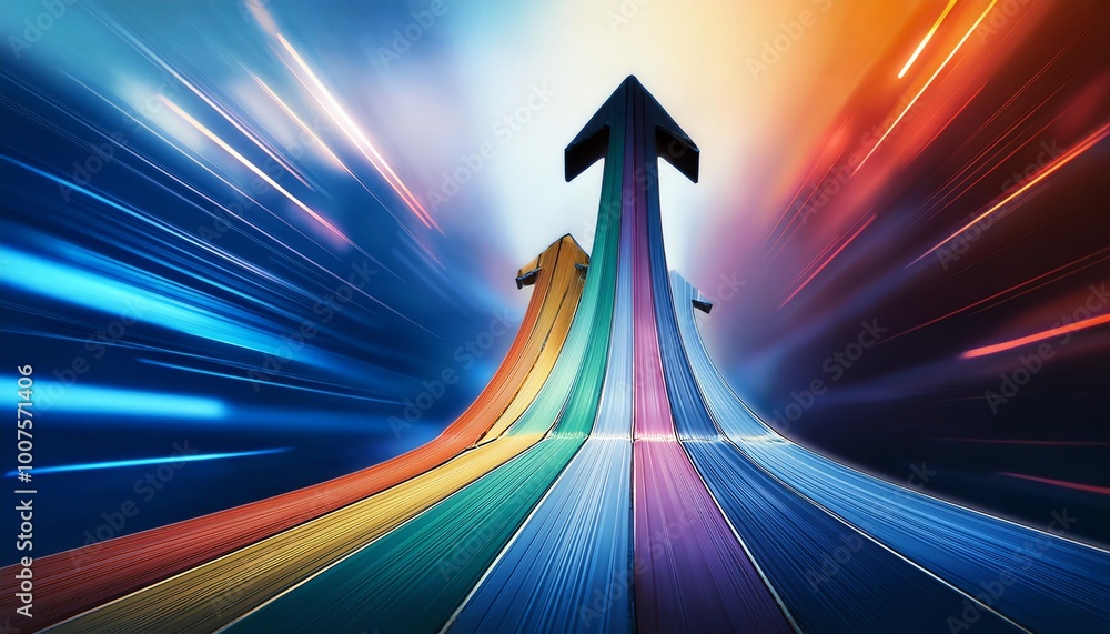 Poster a vibrant graphic illustration showing arrows ascending with dynamic motion and color gradients, sym