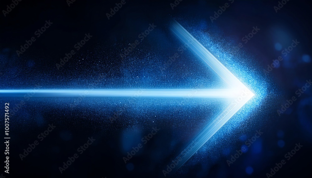 Poster a vibrant blue arrow composed of light and particles, pointing forward against a dark background, sy