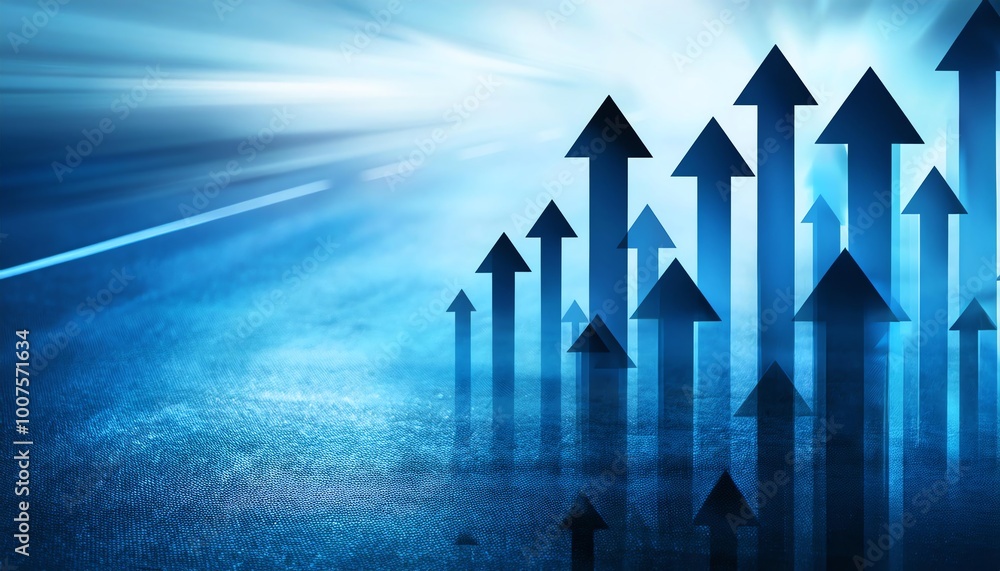 Poster a dynamic image of upward-pointing arrows against a blue background, symbolizing growth, progress, a