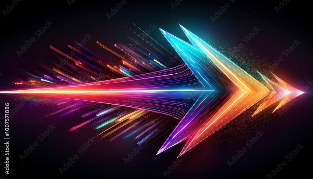 Poster A vibrant, futuristic arrow graphic with dynamic motion trails in multiple colors, emphasizing speed and direction.
