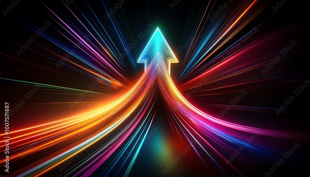 Poster a vibrant arrow made of colorful light trails, representing upward movement and progress in a dynami